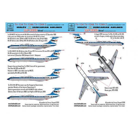 1/144 Tu-134/A/A-3 MALEV 70-80 Years Dry-Water Decal sheet 1/144 Tu-134/A/A-3 MALEV 70-80 Years Dry-Water Decal sheet