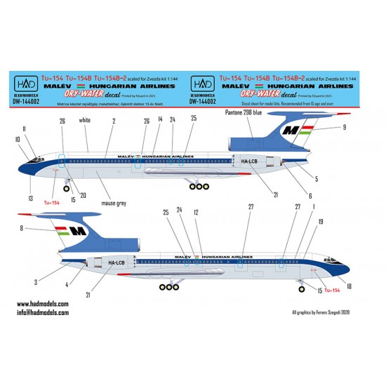 1/144 Tu-154 B/B-1 70s-80s Years MALEV Dry-Water Decal sheet 1/144 Tu-154 B/B-1 70s-80s Years MALEV Dry-Water Decal sheet