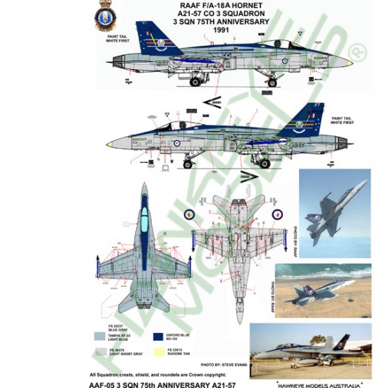 RAAF Decals for 1/32 F/A-18A Hornet 3 SQN 75th Anniversary Scheme 1991 A21-57 RAAF Decals for 1/32 F/A-18A Hornet 3 SQN 75th Anniversary Scheme 1991 A21-57