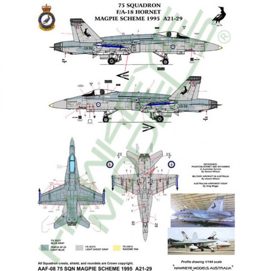 RAAF Decals for 1/48 McDonnell Douglas F/A-18A Hornet 75 SQN (Magpie scheme 1995) A21-29 RAAF Decals for 1/48 McDonnell Douglas F/A-18A Hornet 75 SQN (Magpie scheme 1995) A21-29