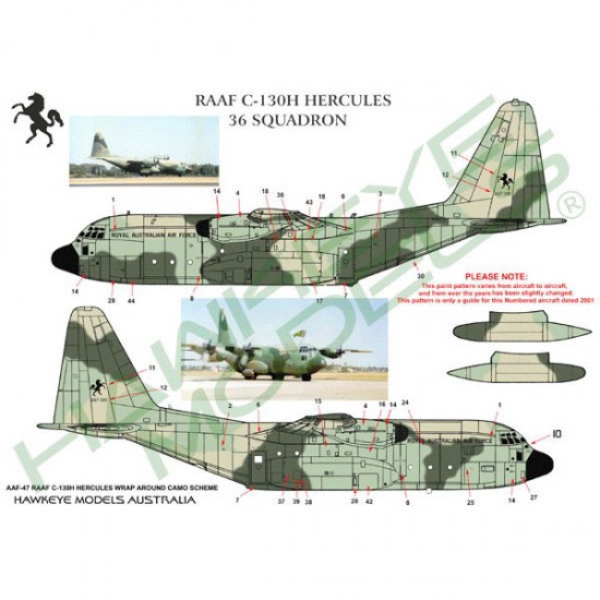 RAAF Decals for 1/48 Lockheed C-130H Hercules 36 SQN (Wrap-around Camo scheme 1990s) RAAF Decals for 1/48 Lockheed C-130H Hercules 36 SQN (Wrap-around Camo scheme 1990s)