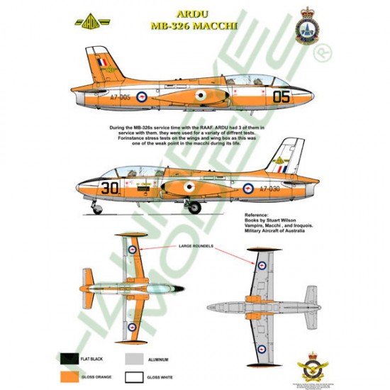 RAAF Decals for 1/48 Aermacchi MB-326H Macchi ARDU (Fanta Can scheme) RAAF Decals for 1/48 Aermacchi MB-326H Macchi ARDU (Fanta Can scheme)