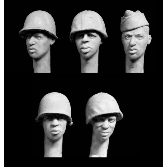 1/35 5 Heads of Black US Soldiers with 4x M1 Helmets, 1x Overseas Cap