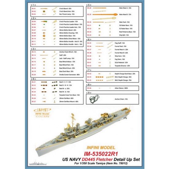 1/350 US Navy DD445 Fletcher Detail-Up Set for Tamiya kit #78012 1/350 US Navy DD445 Fletcher Detail-Up Set for Tamiya kit #78012