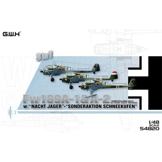 1/48 WWII German Fw 189A1 / A2 with Nacht Jager and Sonderaktion Schneekufen (3 in 1) 1/48 WWII German Fw 189A1 / A2 with Nacht Jager and Sonderaktion Schneekufen (3 in 1)