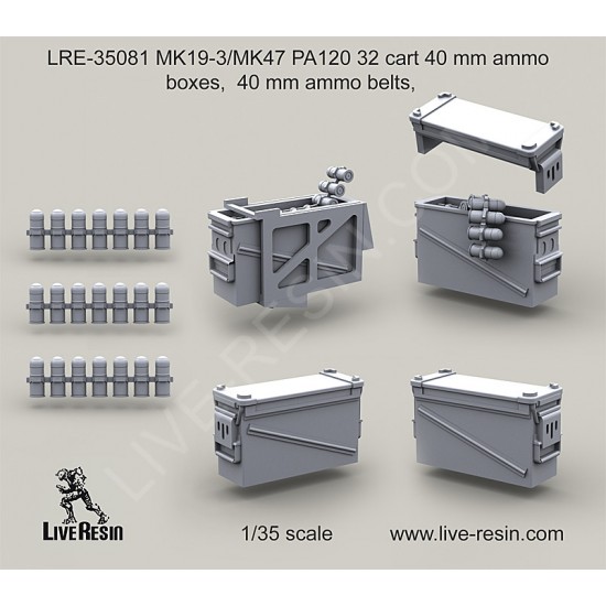 1/35 MK19-3/MK47 PA120 32 Cart 40mm Ammo Boxes w/ 40mm Ammo Belts - Resin Parts 1/35 MK19-3/MK47 PA120 32 Cart 40mm Ammo Boxes w/ 40mm Ammo Belts - Resin Parts