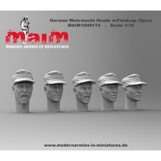 1/16 German Wehrmacht Heads w/Fieldcap Set (5 Heads) 1/16 German Wehrmacht Heads w/Fieldcap Set (5 Heads)