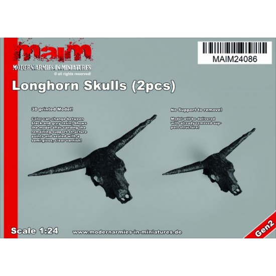 1/24 Longhorn Skulls (2pcs, 3D printed resin) 1/24 Longhorn Skulls (2pcs, 3D printed resin)