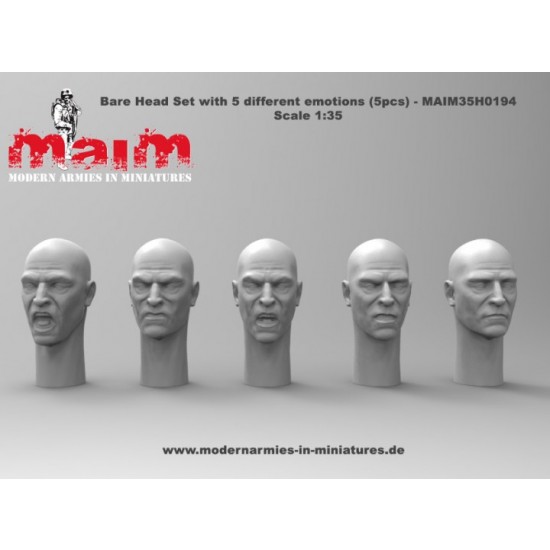 1/35 Bare Head Set with 5 Different Emotions (5pcs, resin) 1/35 Bare Head Set with 5 Different Emotions (5pcs, resin)