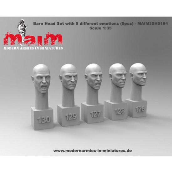 1/35 Bare Head Set with 5 Different Emotions (5pcs, resin) 1/35 Bare Head Set with 5 Different Emotions (5pcs, resin)