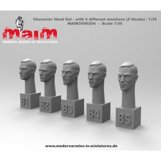 1/35 Chracter Head Set with 5 Different Emotions (5pcs, resin) 1/35 Chracter Head Set with 5 Different Emotions (5pcs, resin)