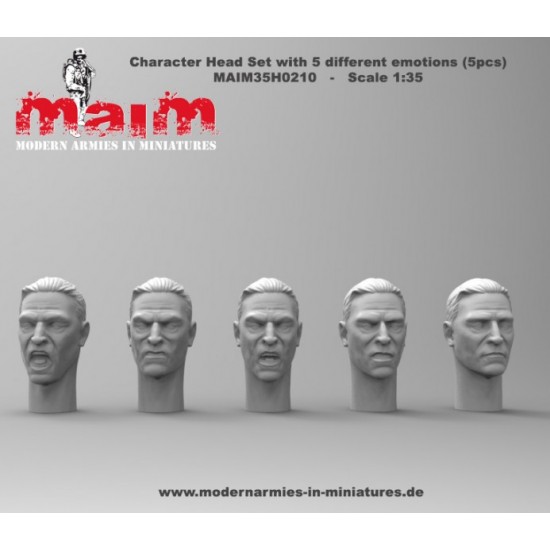 1/35 Chracter Head Set with 5 Different Emotions (5pcs, resin) 1/35 Chracter Head Set with 5 Different Emotions (5pcs, resin)
