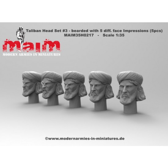 1/35 Taliban Head Set #3 - Bearded with 5 Different Face Impressions (resin) 1/35 Taliban Head Set #3 - Bearded with 5 Different Face Impressions (resin)
