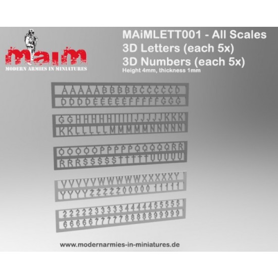 Letters and Number (each 5pcs, H: 4mm, T: 1mm) Letters and Number (each 5pcs, H: 4mm, T: 1mm)