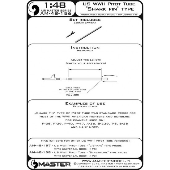 1/48 WWII US Pitot Tube Shark-fin Type Probe for P-36/39/40/47/A-36/B-239/T-6/B-25