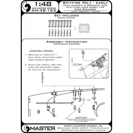 1/48 Spitfire Mk.I Early Browning .303 w/Flash Hider Barrel Tips & Gunsight for Eduard 1/48 Spitfire Mk.I Early Browning .303 w/Flash Hider Barrel Tips & Gunsight for Eduard