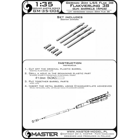 1/35 German 2cm L/65 Flak 38 and Flakvierling 38 Gun Barrels (4pcs) 1/35 German 2cm L/65 Flak 38 and Flakvierling 38 Gun Barrels (4pcs)