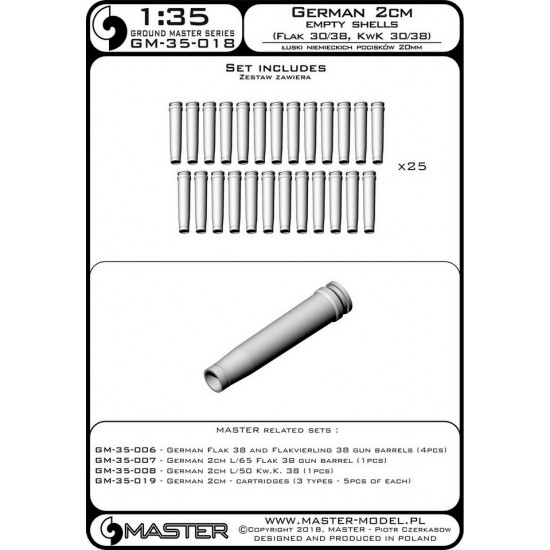 1/35 German 2cm Ammunition for Flak 30/38, KwK 30/38 Empty Shells (25pcs) 1/35 German 2cm Ammunition for Flak 30/38, KwK 30/38 Empty Shells (25pcs)