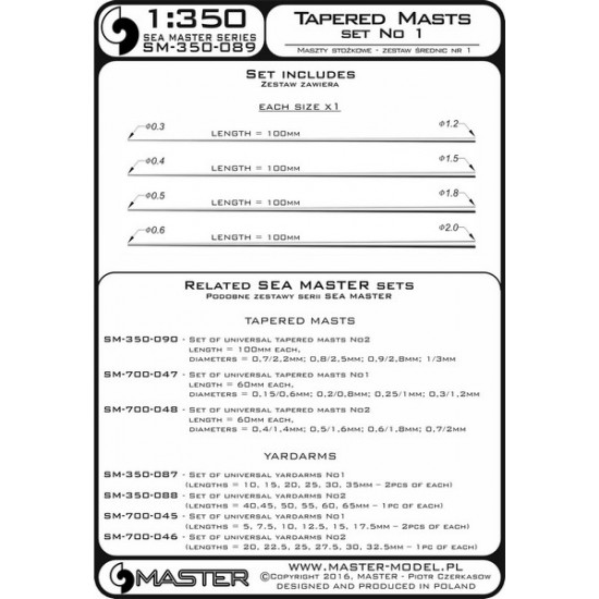 1/350 Universal Tapered Masts Set 1 Length:100mm,Diameters:0.3/1.2;0.4/1.5;0.5/1.8;0.6/2mm 1/350 Universal Tapered Masts Set 1 Length:100mm,Diameters:0.3/1.2;0.4/1.5;0.5/1.8;0.6/2mm