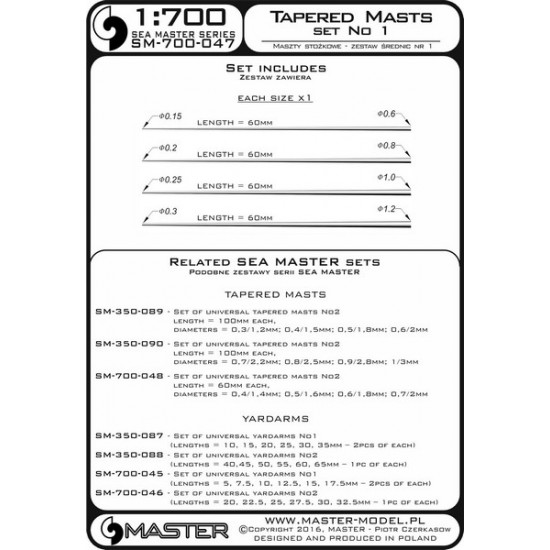 1/700 Universal Tapered Masts Set 1 Length:60mmDiameters:0.15/0.6;0.2/0.8;0.25/1;0.3/1.2mm