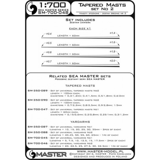 1/700 Universal Tapered Masts Set 2 Length:60mm, Diameters:0.4/1.4;0.5/1.6;0.6/1.8;0.7/2mm