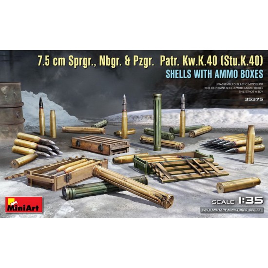 1/35 7.5cm Sprgr. Nbgr. & Pzgr. Patr. KwK.40 (StuK.40) Shells w/Ammo Boxes 1/35 7.5cm Sprgr. Nbgr. & Pzgr. Patr. KwK.40 (StuK.40) Shells w/Ammo Boxes