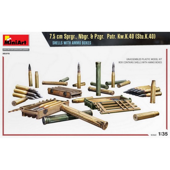 1/35 7.5cm Sprgr. Nbgr. & Pzgr. Patr. KwK.40 (StuK.40) Shells w/Ammo Boxes 1/35 7.5cm Sprgr. Nbgr. & Pzgr. Patr. KwK.40 (StuK.40) Shells w/Ammo Boxes