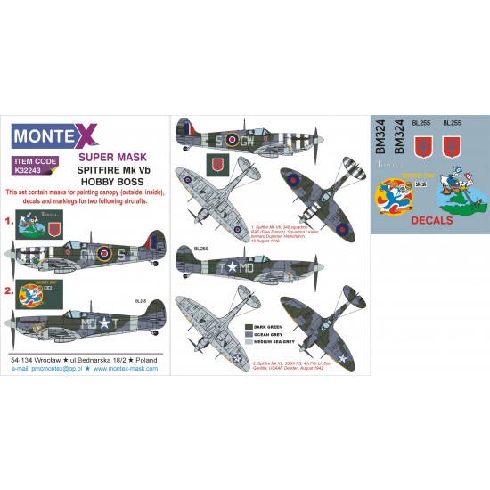 1/32 Supermarine Spitfire Mk.Vb Paint Mask with Decals for HobbyBoss kit 1/32 Supermarine Spitfire Mk.Vb Paint Mask with Decals for HobbyBoss kit
