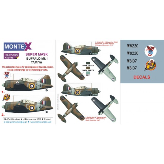 1/48 Brewster Buffalo MK I Paint Mask for Tamiya (Canopy Masks + Insignia Masks + Decals) 1/48 Brewster Buffalo MK I Paint Mask for Tamiya (Canopy Masks + Insignia Masks + Decals)