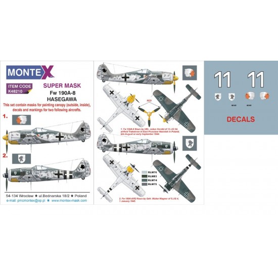 1/48 Focke-Wulf Fw 190A-8 Paint Mask for Hasegawa (Canopy Masks + Insignia Masks + Decals) 1/48 Focke-Wulf Fw 190A-8 Paint Mask for Hasegawa (Canopy Masks + Insignia Masks + Decals)