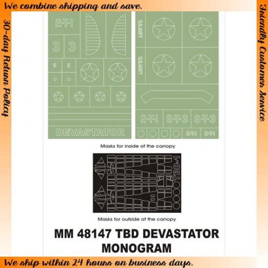 1/48 Douglas TBD Devastator Paint Mask for Monogram kit (Canopy Masks + Insignia Masks) 1/48 Douglas TBD Devastator Paint Mask for Monogram kit (Canopy Masks + Insignia Masks)