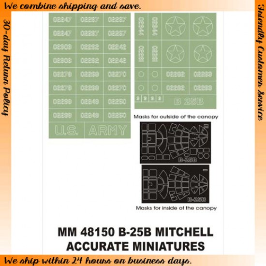 1/48 B-25B Mitchell Paint Mask for Accurate Miniatures kit (Canopy Masks + Insignia Masks) 1/48 B-25B Mitchell Paint Mask for Accurate Miniatures kit (Canopy Masks + Insignia Masks)