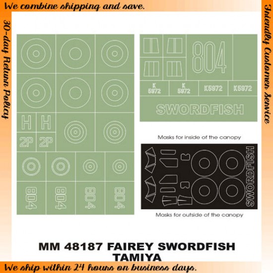 1/48 Fairey Swordfish Paint Mask for Tamiya kit (Canopy Masks + Insignia Masks) 1/48 Fairey Swordfish Paint Mask for Tamiya kit (Canopy Masks + Insignia Masks)