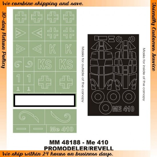 1/48 Messerschmitt Me-410B Paint Mask for Promodeler kit (Canopy Masks + Insignia Masks) 1/48 Messerschmitt Me-410B Paint Mask for Promodeler kit (Canopy Masks + Insignia Masks)
