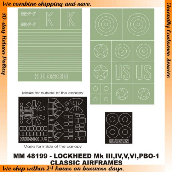 1/48 Hudson III/IV/V/VI/PBO-1 Paint Mask for Classic Airframes (Canopy Mask+Insignia Mask) 1/48 Hudson III/IV/V/VI/PBO-1 Paint Mask for Classic Airframes (Canopy Mask+Insignia Mask)