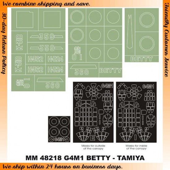1/48 Mitsubishi G4M1 Betty Paint Mask for Tamiya kit (Canopy Masks + Insignia Masks) 1/48 Mitsubishi G4M1 Betty Paint Mask for Tamiya kit (Canopy Masks + Insignia Masks)