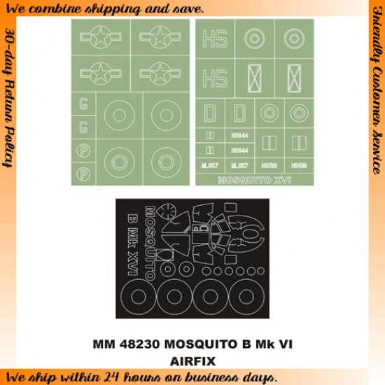 1/48 D.H.MOSQUITO B MKXVI Paint Mask for Airfix kit (Canopy Masks + Insignia Masks) 1/48 D.H.MOSQUITO B MKXVI Paint Mask for Airfix kit (Canopy Masks + Insignia Masks)