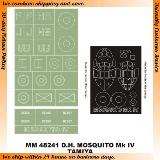 1/48 de Havilland Mosquito Mk.IV Paint Mask for Tamiya kit (Canopy Masks + Insignia Masks) 1/48 de Havilland Mosquito Mk.IV Paint Mask for Tamiya kit (Canopy Masks + Insignia Masks)