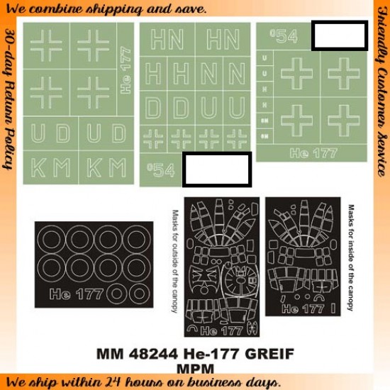 1/48 Heinkel He 177 A-5 Paint Mask for MPM kit (Canopy Masks + Insignia Masks) 1/48 Heinkel He 177 A-5 Paint Mask for MPM kit (Canopy Masks + Insignia Masks)