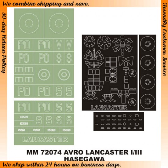 1/72 Avro Lancaster Mk.I/II Paint Mask for Hasegawa kit (Canopy Masks + Insignia Masks) 1/72 Avro Lancaster Mk.I/II Paint Mask for Hasegawa kit (Canopy Masks + Insignia Masks)