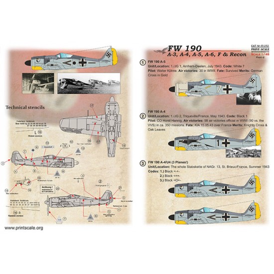 Decal for 1/48 Focke-Wulf FW 190 A-3, A-4, A-5, A-6, F & Recon Part 2 Decal for 1/48 Focke-Wulf FW 190 A-3, A-4, A-5, A-6, F & Recon Part 2