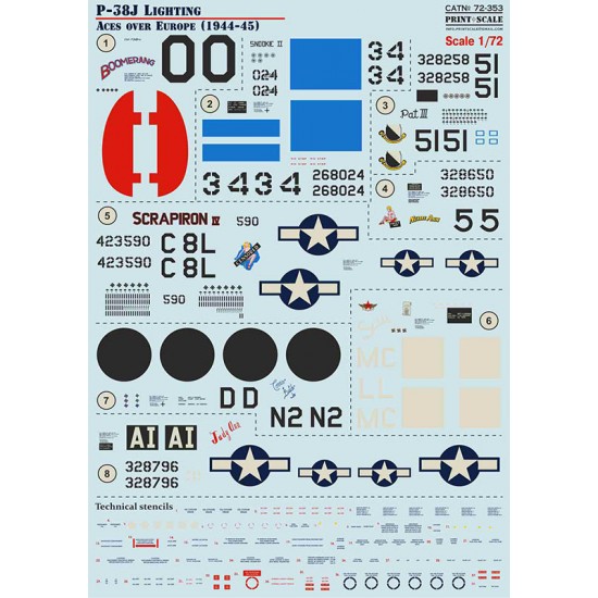 Decals for 1/72 Lockheed P-38J Lighting Aces over Europe 1944-1945 Decals for 1/72 Lockheed P-38J Lighting Aces over Europe 1944-1945