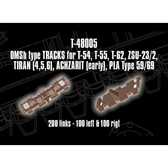 1/48 OSMh type Tracks for T-54/55/62, ZSU-23/2, Tiran 4,5,6 Achzarit early PLA Type 59/69 1/48 OSMh type Tracks for T-54/55/62, ZSU-23/2, Tiran 4,5,6 Achzarit early PLA Type 59/69