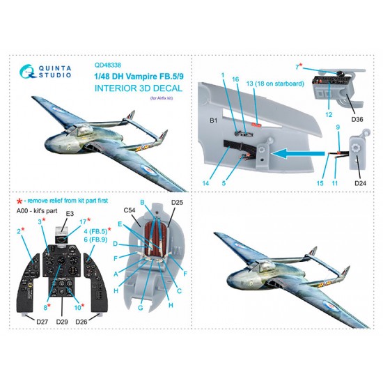 1/48 DH Vampire FB.5/FB.9 Coloured Interior Detail Parts for Airfix kits 1/48 DH Vampire FB.5/FB.9 Coloured Interior Detail Parts for Airfix kits