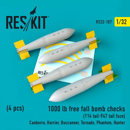 1/32 1000 lb Free Fall Bomb Checks (4pcs, 114 tail-947 tail fuze) for Revell/Trumpeter