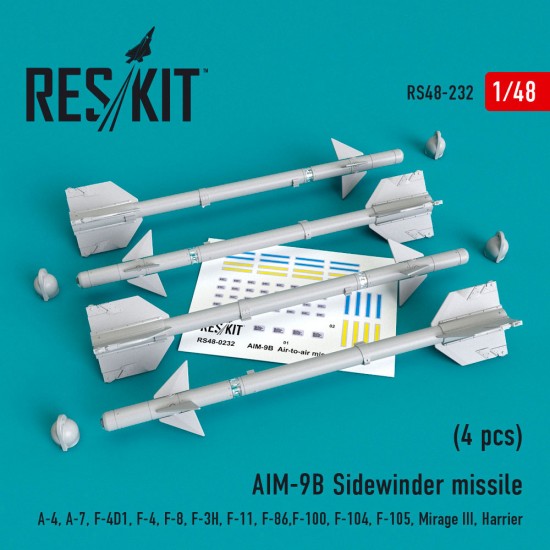 1/48 AIM-9B Sidewinder Missile (4pcs) for A-4/7/F-4D1/4/8/3H/11/86/100/104/105/Mirage III/Harrier