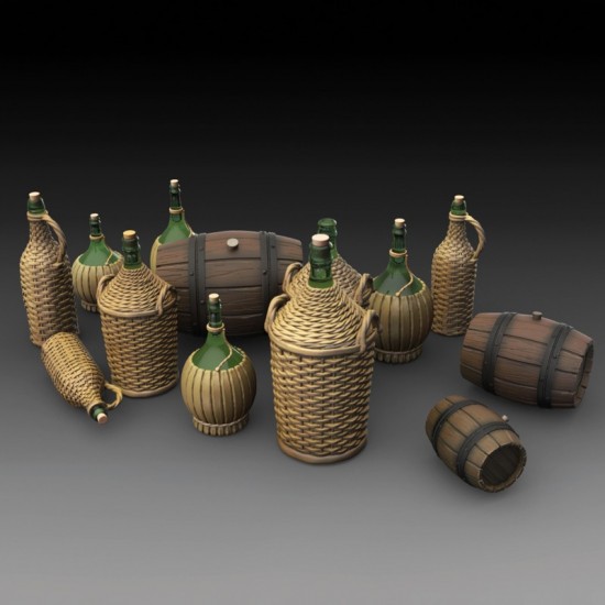 1/35 Wicker Bottles Demijohn Glass & Small Barrels (Resin) 1/35 Wicker Bottles Demijohn Glass & Small Barrels (Resin)