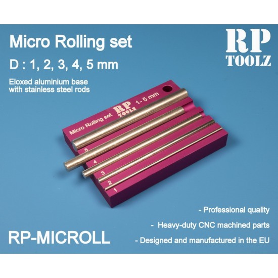 Micro Rolling set (dia. 1-5mm) Eloxed Aluminium Base w/Stainless Steel Rods Micro Rolling set (dia. 1-5mm) Eloxed Aluminium Base w/Stainless Steel Rods