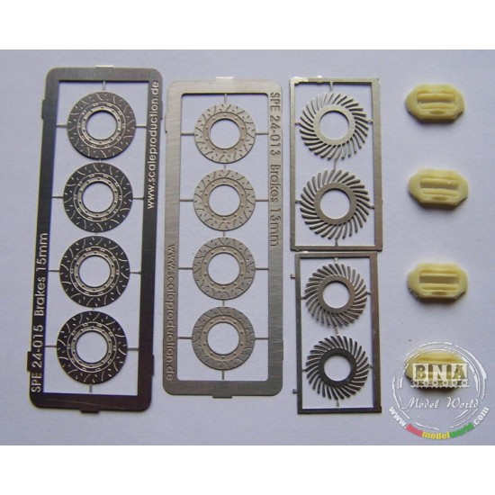 1/24 Slotted Brake Disc set 15mm + 13mm with 4 Brake Calipers 1/24 Slotted Brake Disc set 15mm + 13mm with 4 Brake Calipers