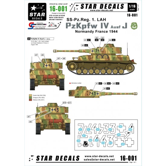1/16 Decals for Pz.Kpfw.IV Ausf.J SS-Pz.Regiment 1 LAH in Normandy France 1944 1/16 Decals for Pz.Kpfw.IV Ausf.J SS-Pz.Regiment 1 LAH in Normandy France 1944